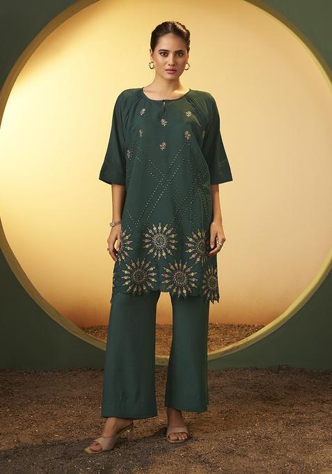 Green Embroidery Silk Kurta Set