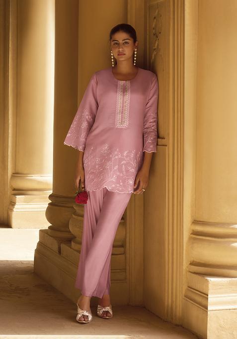 Pink Embroidery Silk Kurta Set