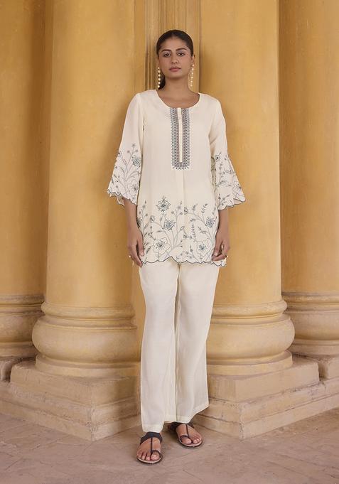 Off White Embroidery Silk Kurta Set