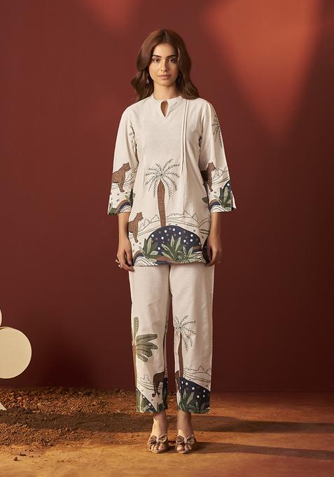 Off White Printred Cotton Kurta Set