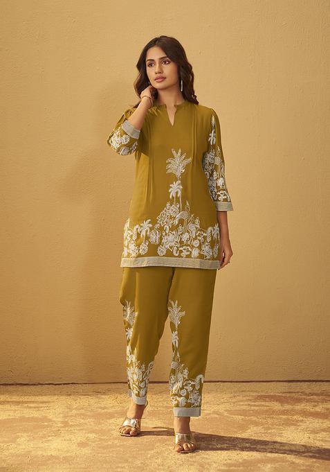 Mustard Printred Rayon Kurta Set