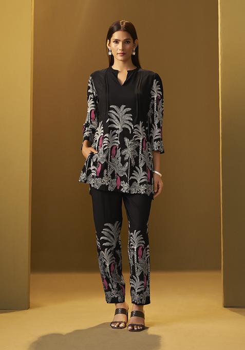 Black Printed Rayon Kurta Set