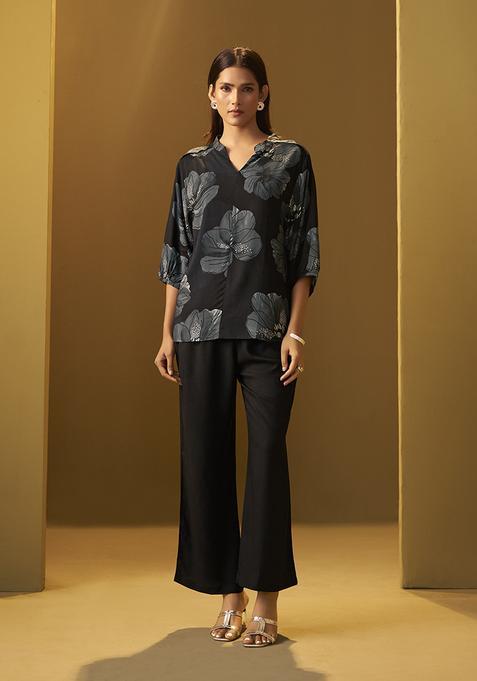 Black Printred Viscose Rayon Kurta Set