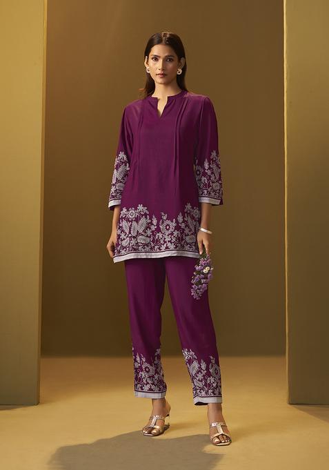 maroon Printed Rayon Kurta Set