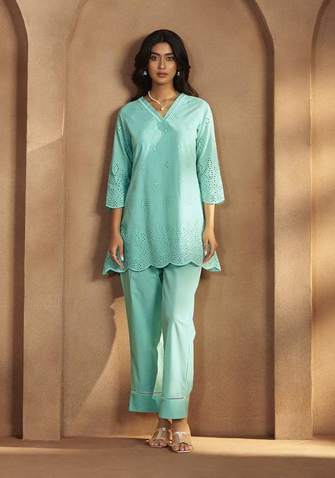 Sky Blue Schiffli Cotton Kurta Set