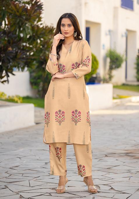 Brown Printred Cotton Kurta Set