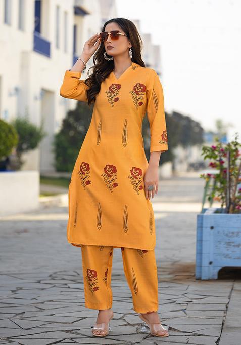 Orange Printred Cotton Kurta Set
