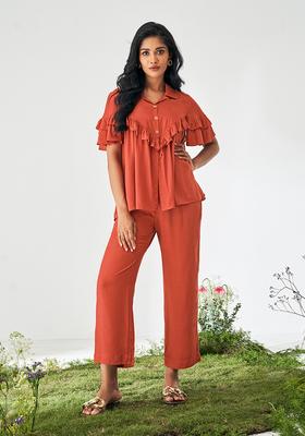 Orange Solid Viscose Rayon Slub Kurta Set