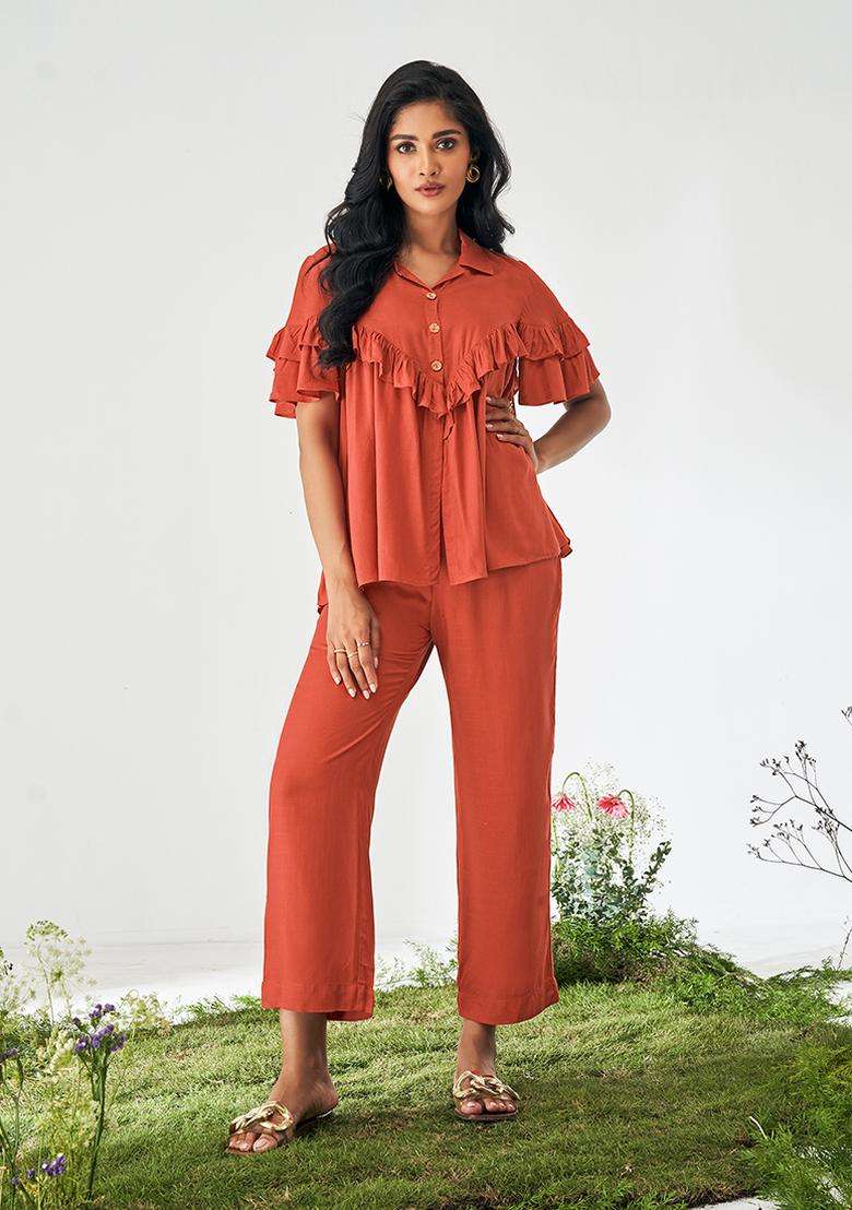 Orange Solid Viscose Rayon Slub Kurta Set - Indya