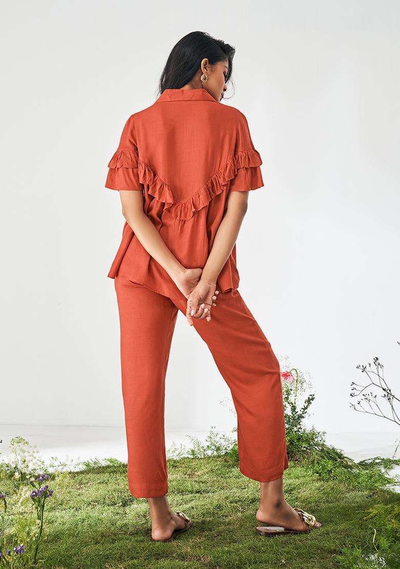 Orange Solid Viscose Rayon Slub Kurta Set - Indya