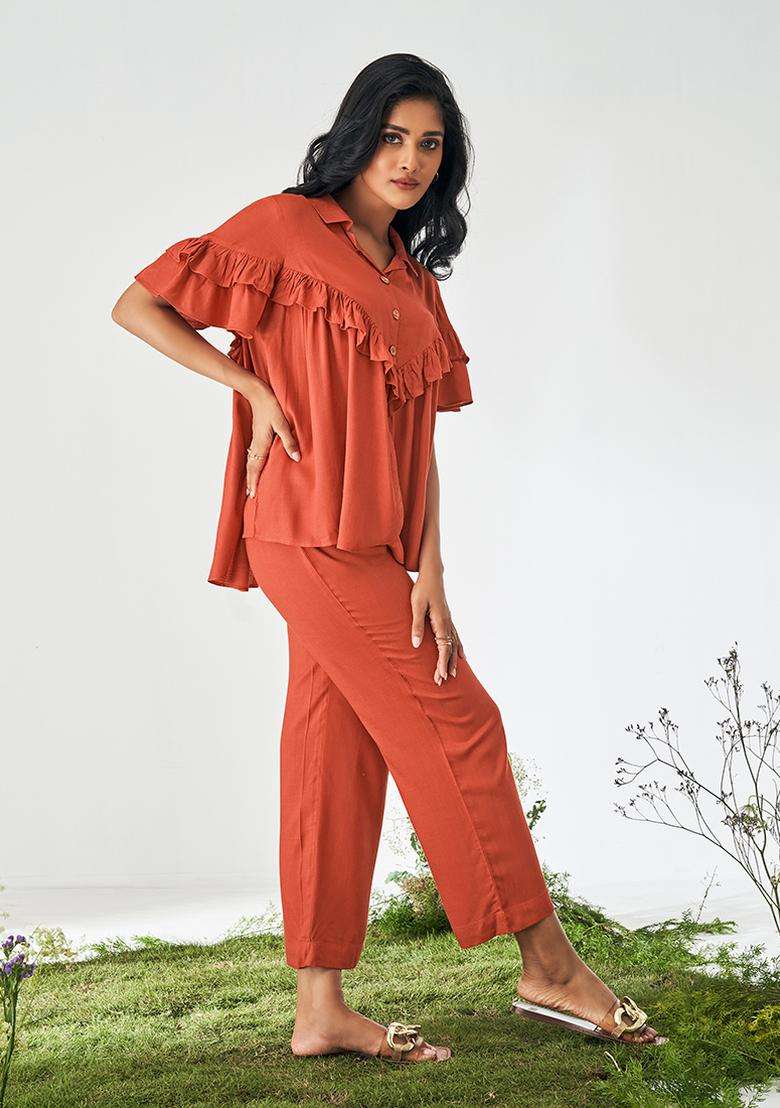 Orange Solid Viscose Rayon Slub Kurta Set - Indya