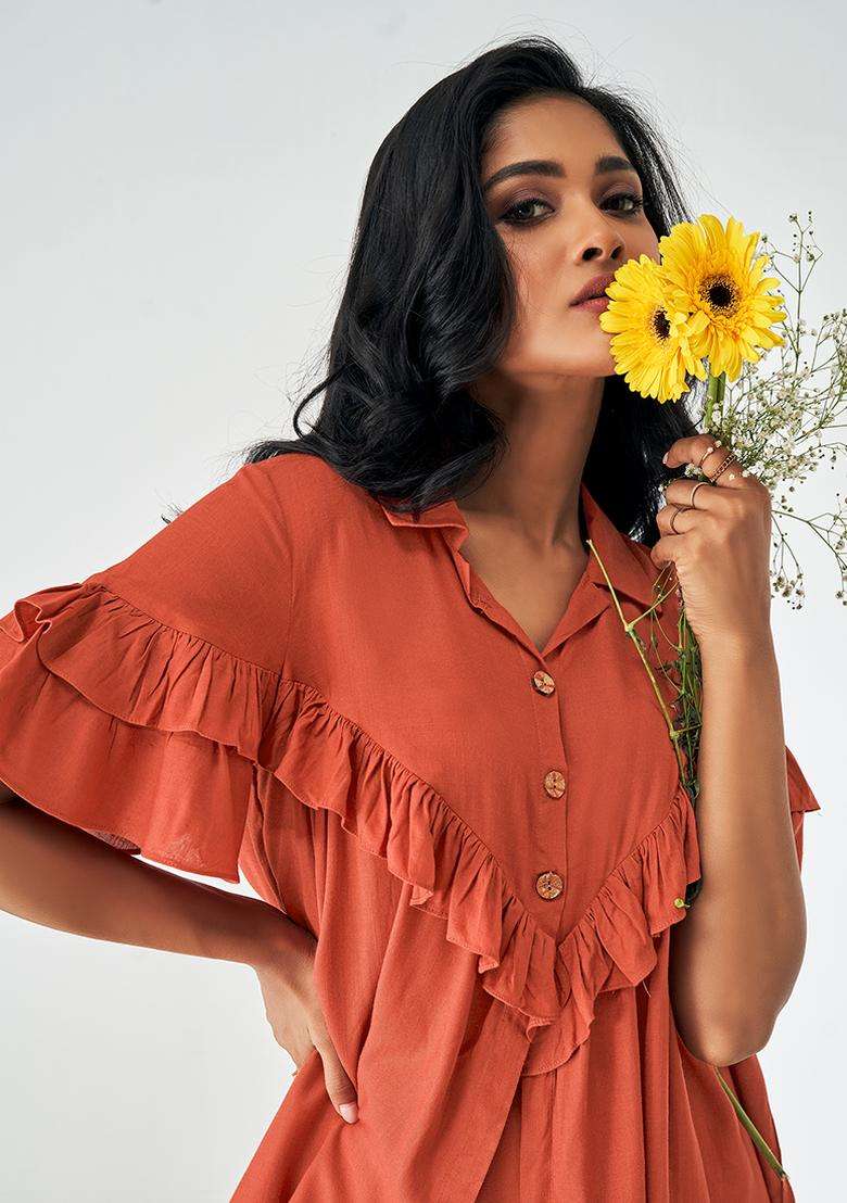 Orange Solid Viscose Rayon Slub Kurta Set - Indya
