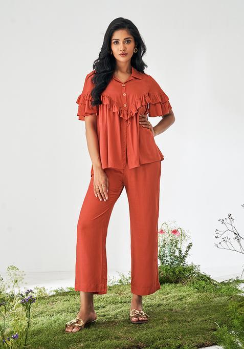 Orange Solid Viscose Rayon Slub Kurta Set