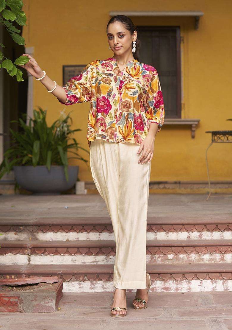 Multicolor Floral Print Chanderi Kurta Set - Indya