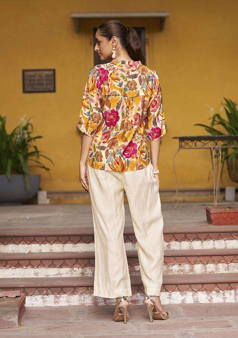 Multicolor Floral Print Chanderi Kurta Set - Indya