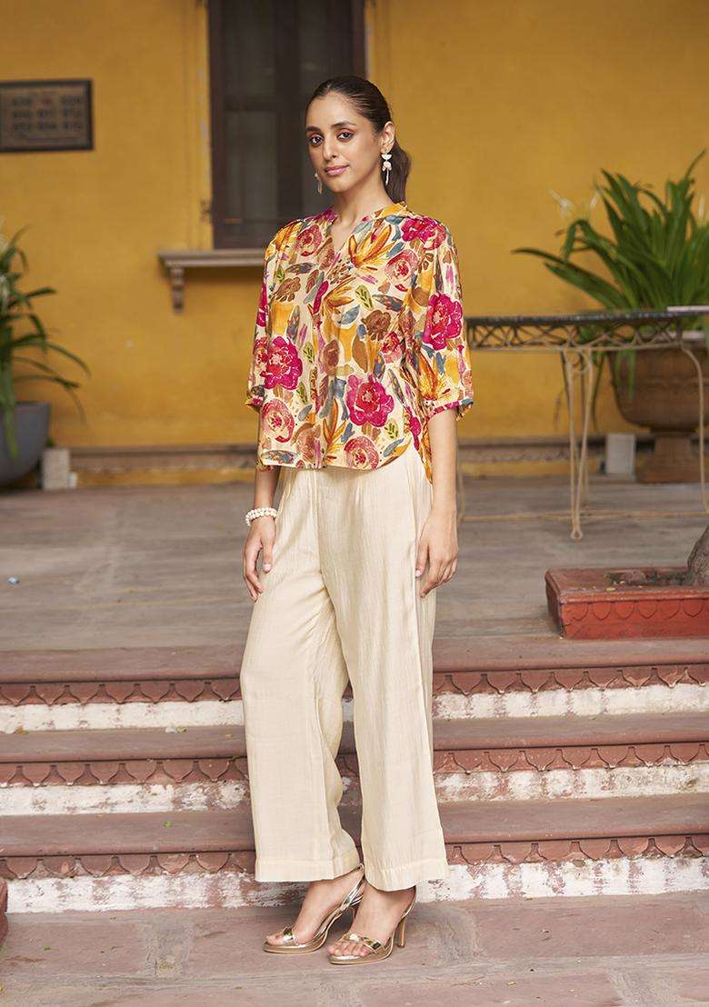 Multicolor Floral Print Chanderi Kurta Set - Indya