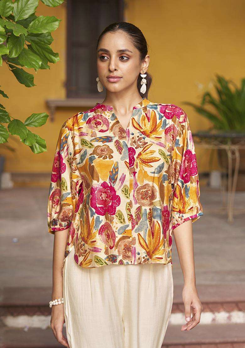 Multicolor Floral Print Chanderi Kurta Set - Indya