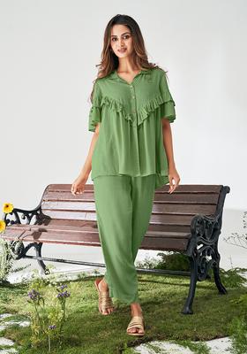 Olive Green Solid Viscose Rayon Slub Kurta Set