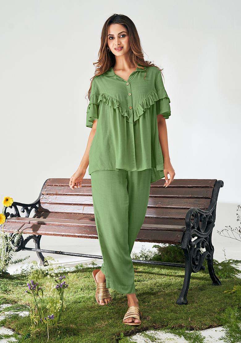 Olive Green Solid Viscose Rayon Slub Kurta Set - Indya
