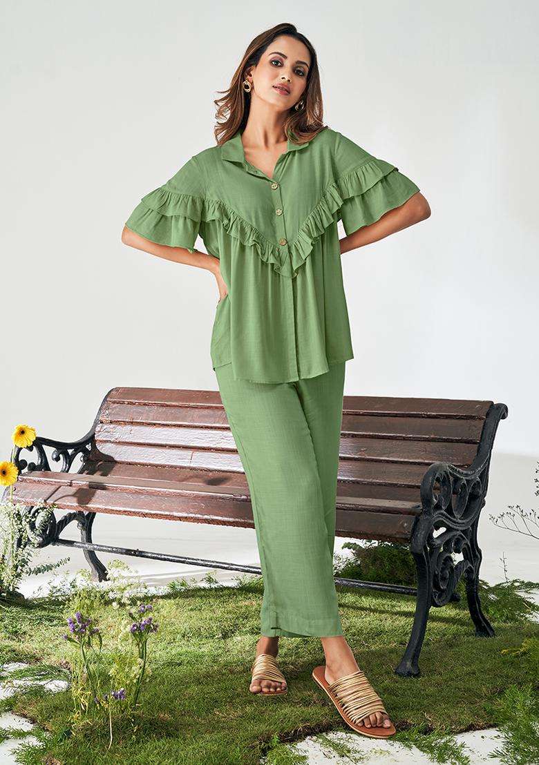 Olive Green Solid Viscose Rayon Slub Kurta Set - Indya