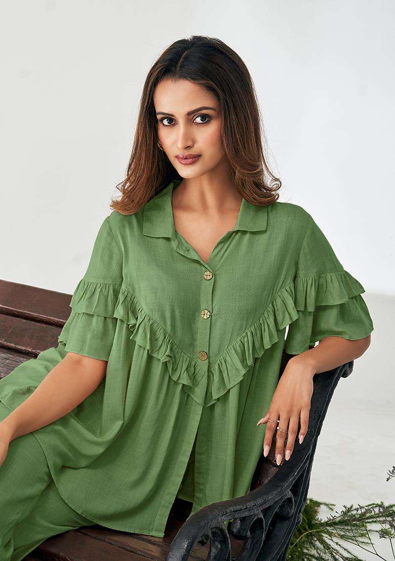 Olive Green Solid Viscose Rayon Slub Kurta Set - Indya
