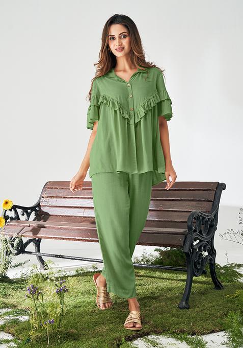 Olive Green Solid Viscose Rayon Slub Kurta Set