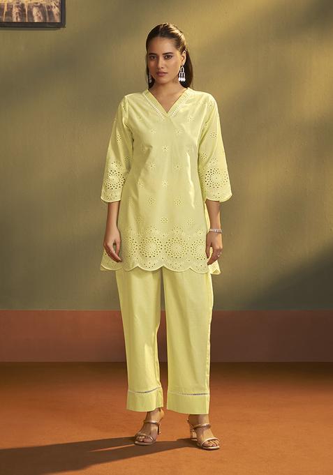 Yellow Schiffli Cotton Kurta Set