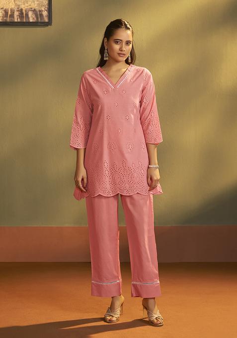 Pink Schiffli Cotton Kurta Set