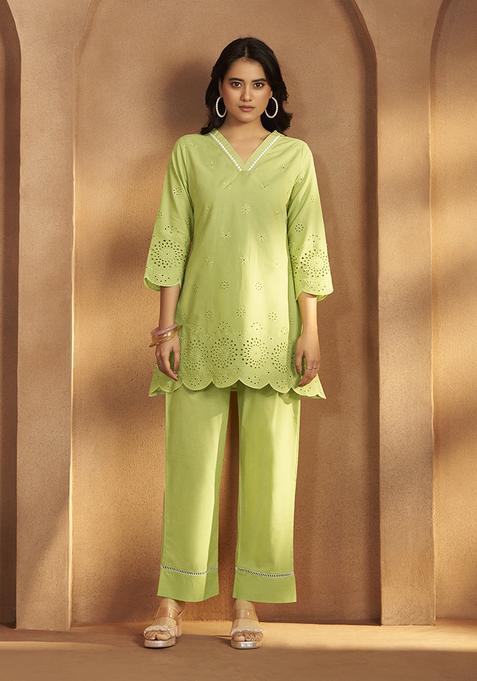 Green Schiffli Cotton Kurta Set