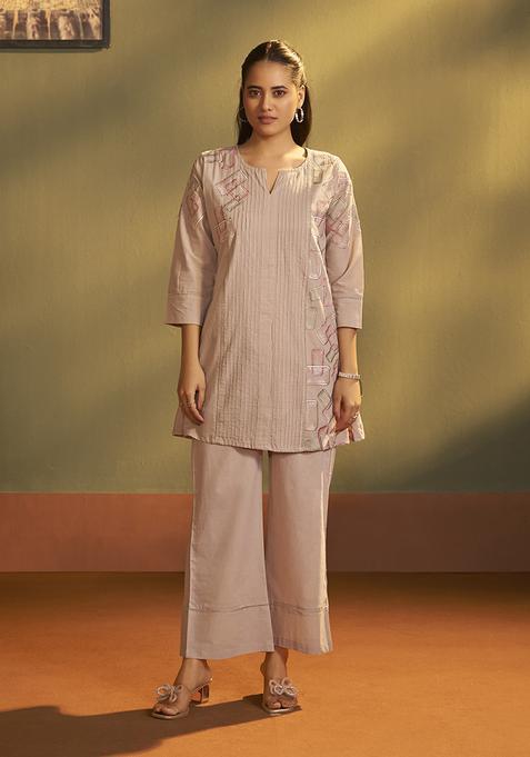 Brown Embroidery Cotton Kurta Set
