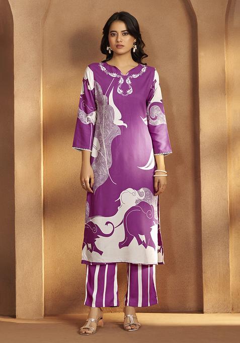 Purple Printred Rayon Kurta Set