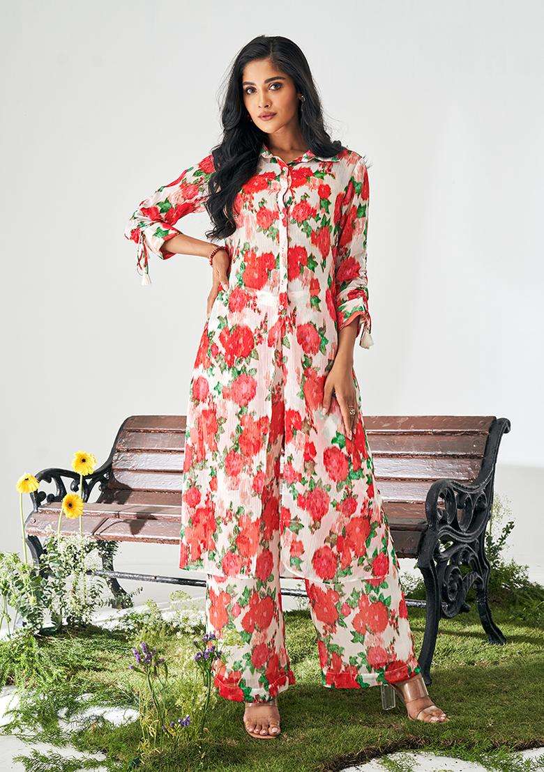 Rose Red Floral Print Poly Chiffon Kurta Set - Indya