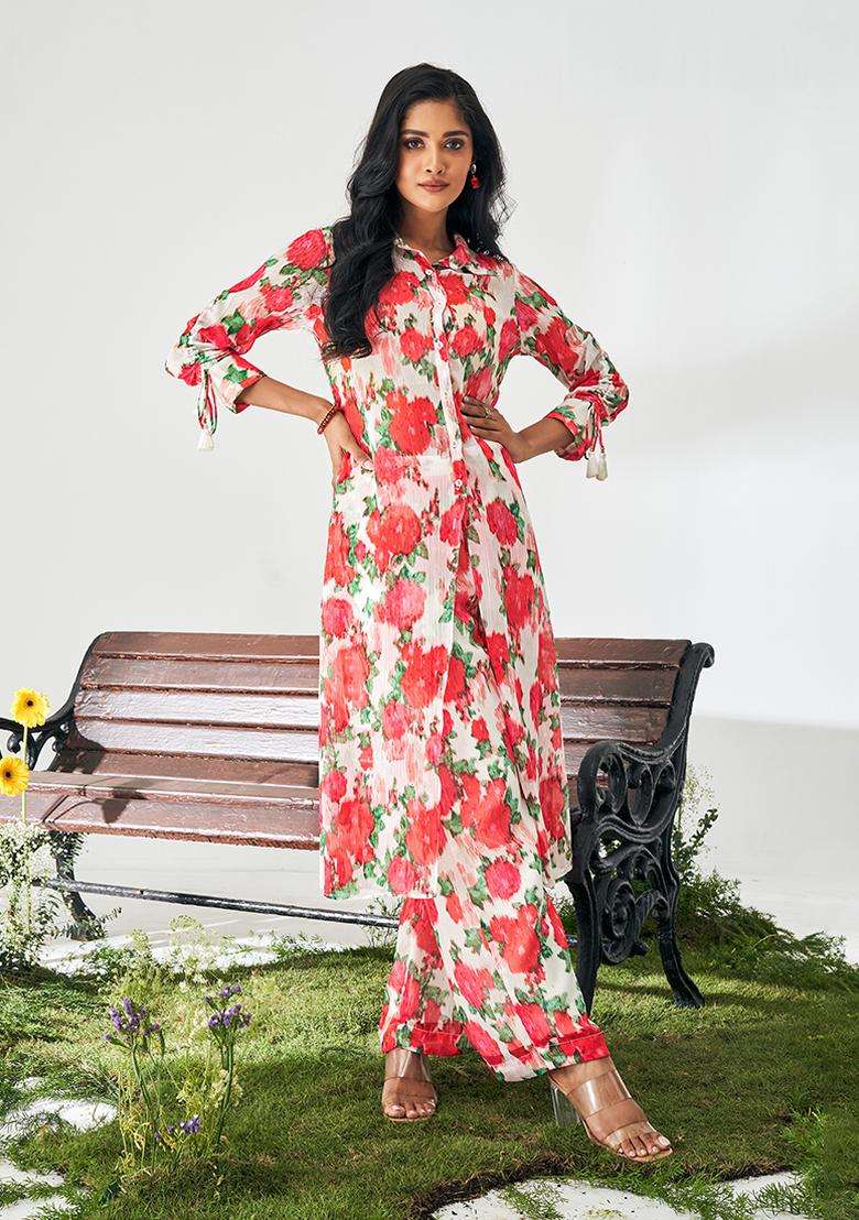 Rose Red Floral Print Poly Chiffon Kurta Set - Indya
