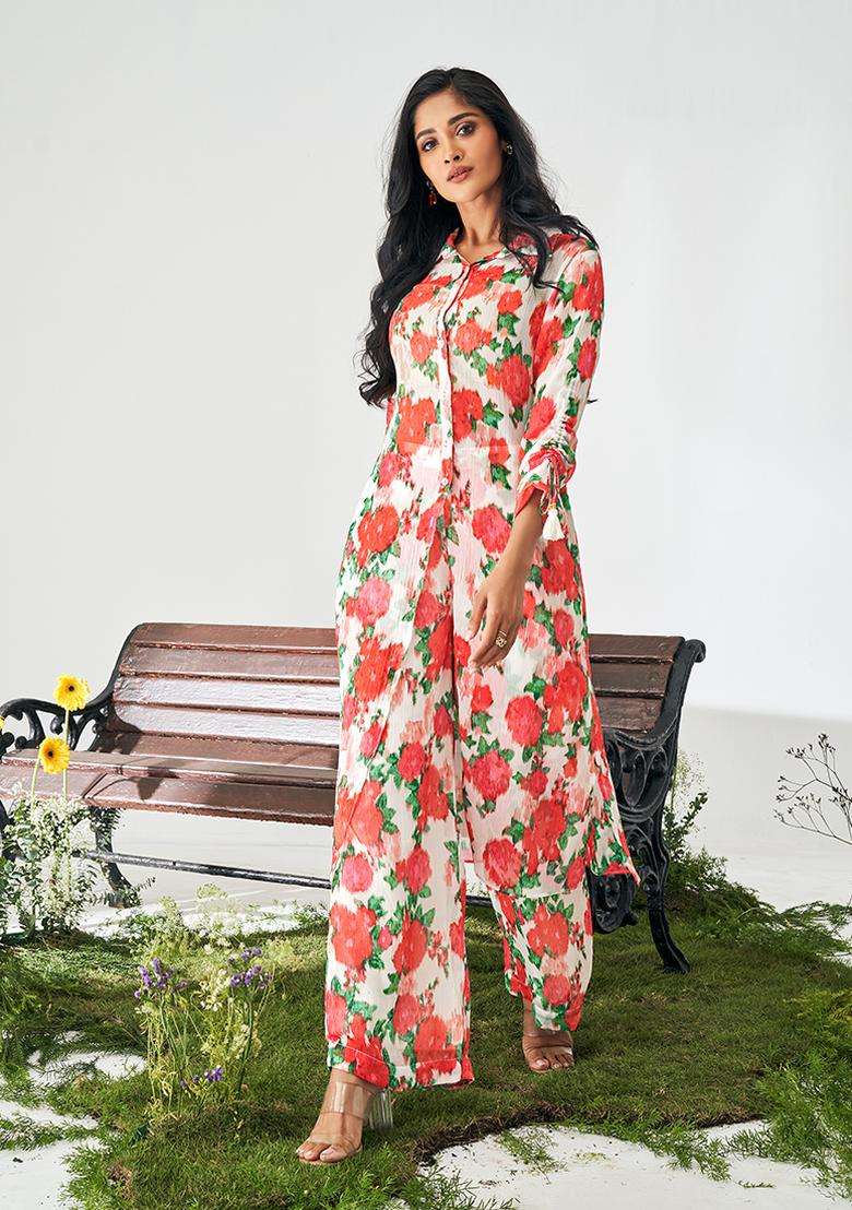 Rose Red Floral Print Poly Chiffon Kurta Set - Indya