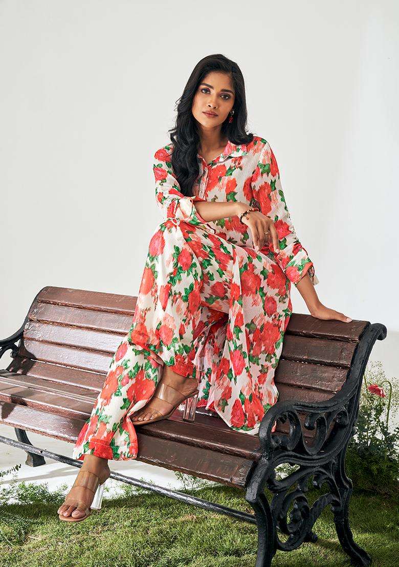 Rose Red Floral Print Poly Chiffon Kurta Set - Indya