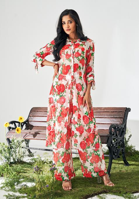 Rose Red Floral Print Poly Chiffon Kurta Set
