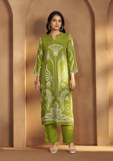Green Printred Viscose Rayon Kurta Set