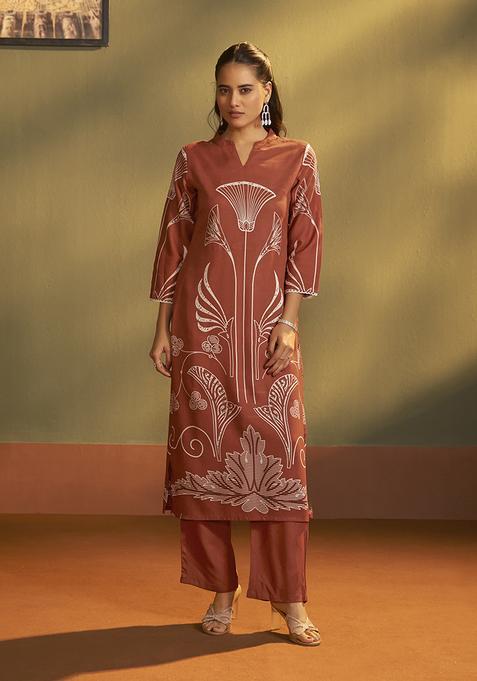 Rust Printred Rayon Kurta Set