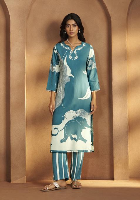 Turquoise Printred Viscose Rayon Kurta Set