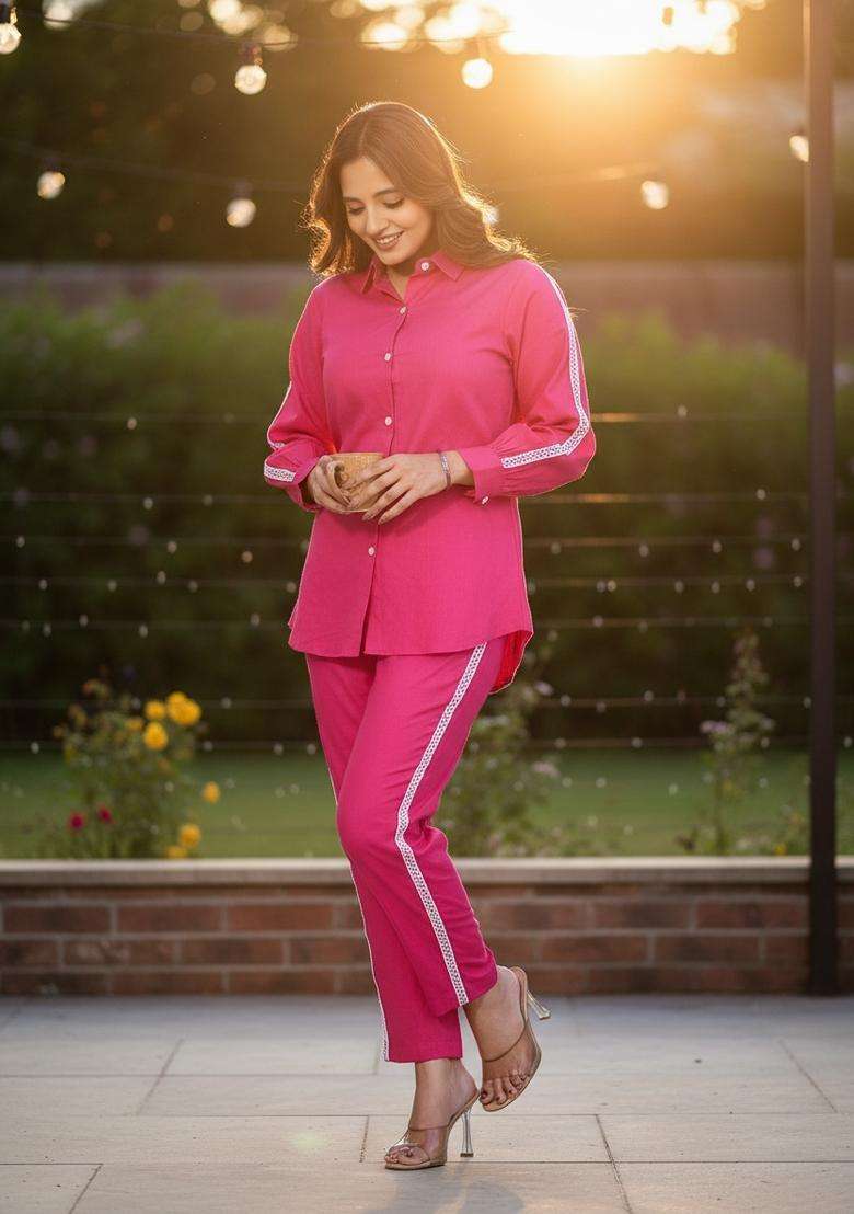 Pink Embroidered Cotton Co Ord Sets - Indya