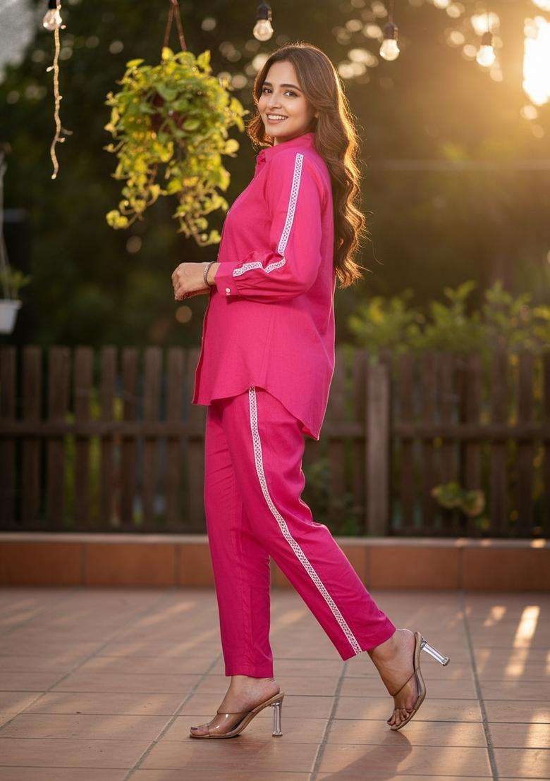 Pink Embroidered Cotton Co Ord Sets - Indya