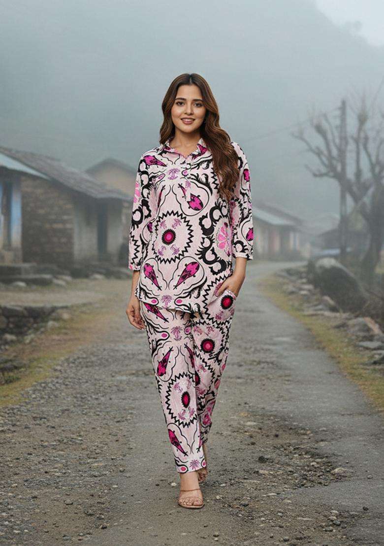 Off-White Embroidered Viscose Co Ord Sets - Indya