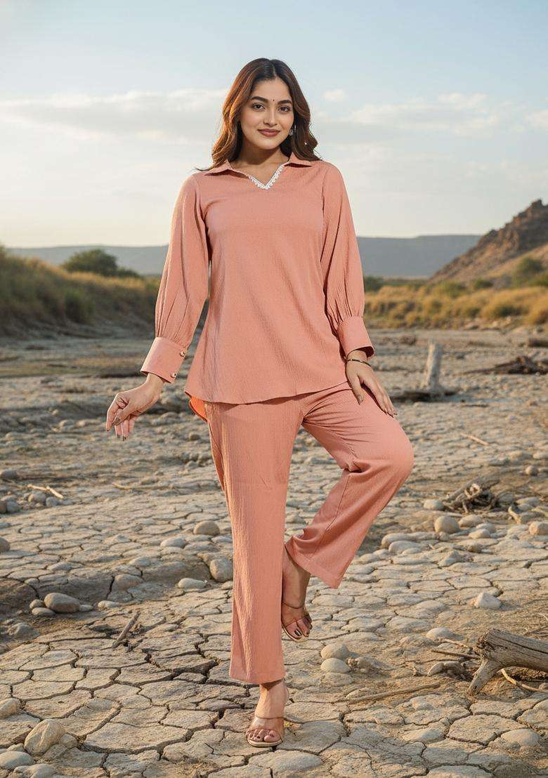 Peach Embroidered Silk Co Ord Sets - Indya