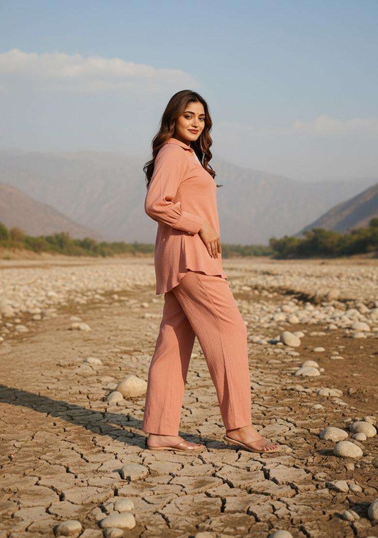 Peach Embroidered Silk Co Ord Sets - Indya