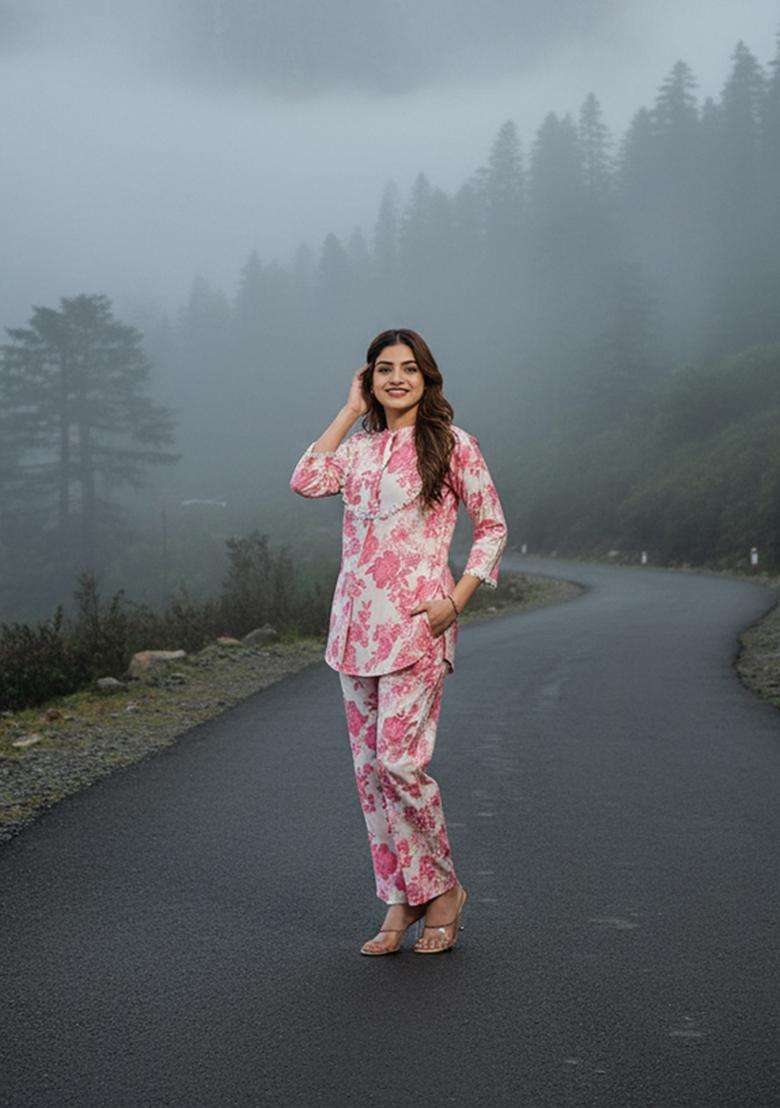 Off-White Embroidered Viscose Co Ord Sets - Indya