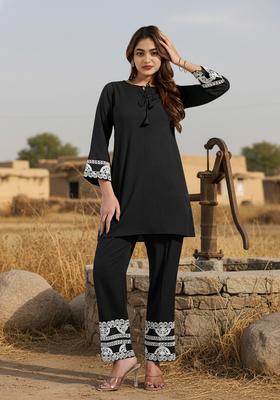Black Embroidered Silk Co Ord Sets