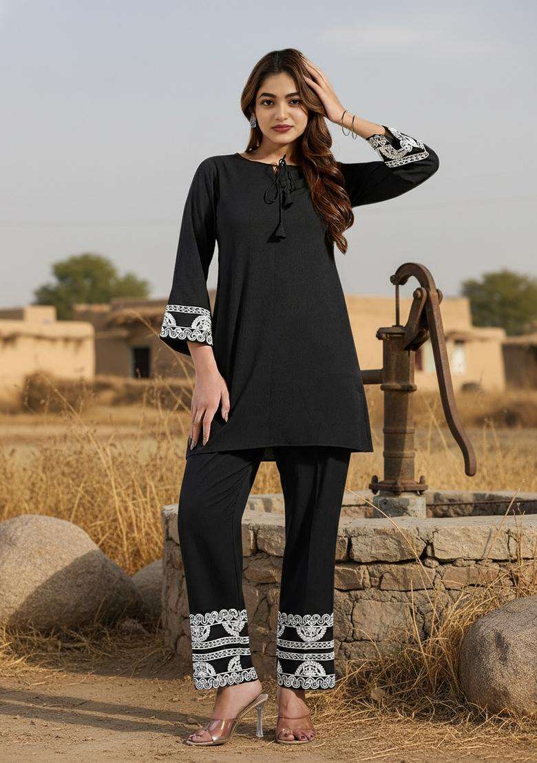 Black Embroidered Silk Co Ord Sets - Indya