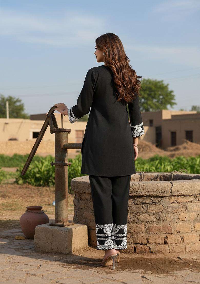 Black Embroidered Silk Co Ord Sets - Indya