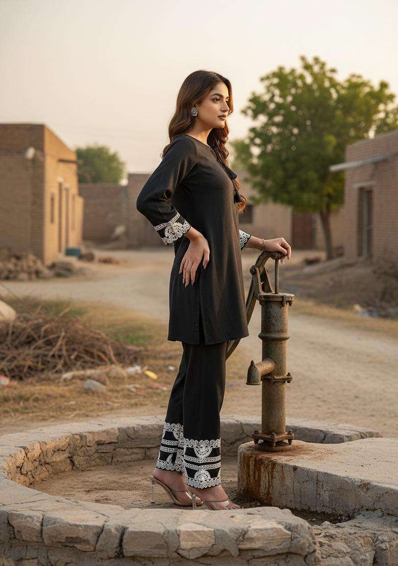 Black Embroidered Silk Co Ord Sets - Indya