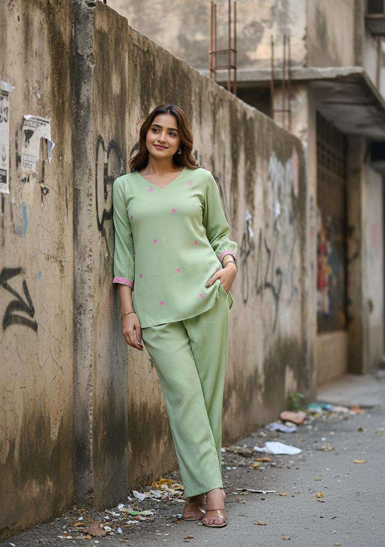Lime Embroidered Silk Co Ord Sets - Indya